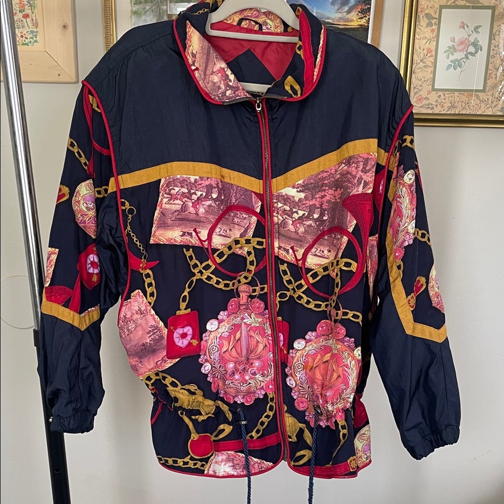 Vintage Women's Bomber Jacket with Horse/Bugle/Chain Print